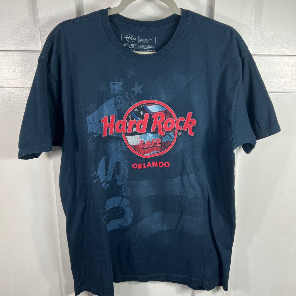 Hard Rock Cafe Orlando Mens XL T-Shirt Navy Blue American Flag Graphic Cotton